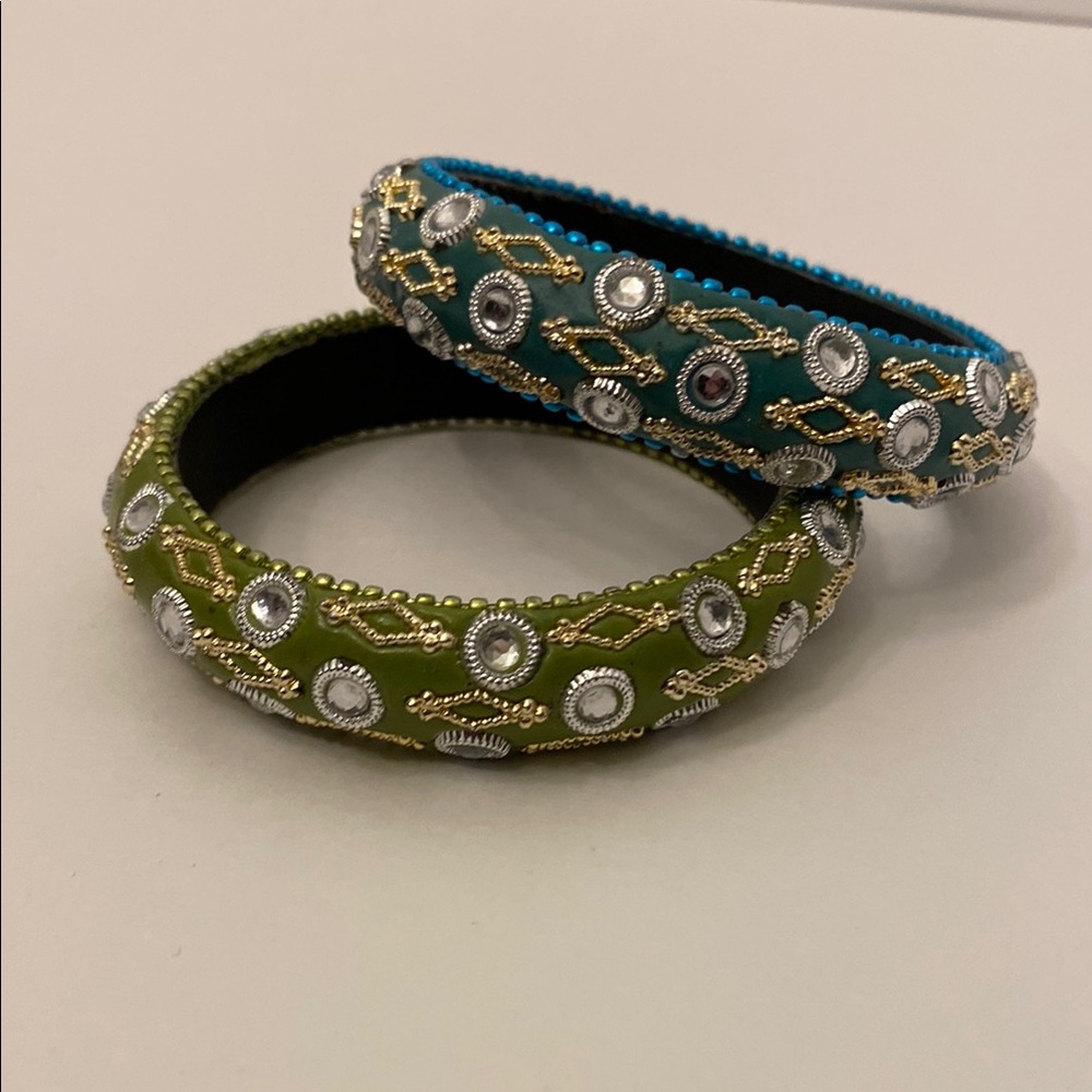 Set Of Two Teal and Olive Crystal Embellished Bangel Bracelets